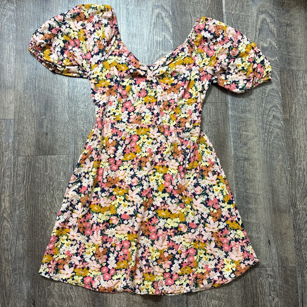 Billabong Floral Puff Sleeve Dress - Pink, Yellow, Black